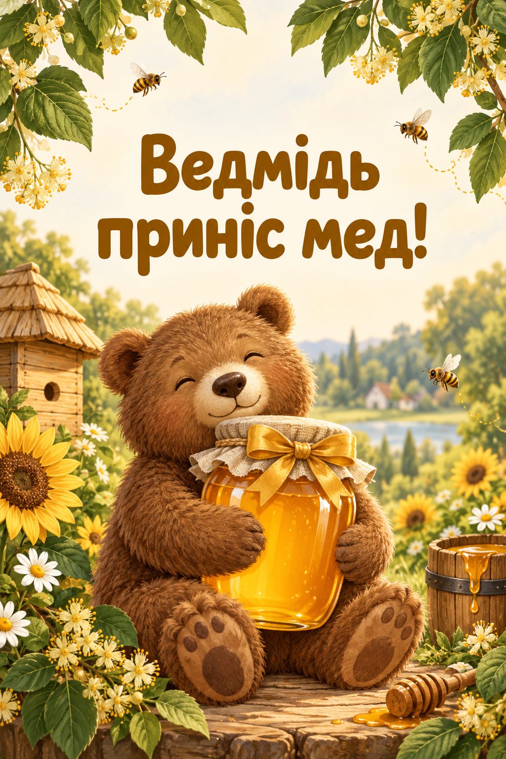 Прикольна листівка з днем народження: ведмідь тримає велику банку меду з бантом, напис «Ведмідь приніс мед!»