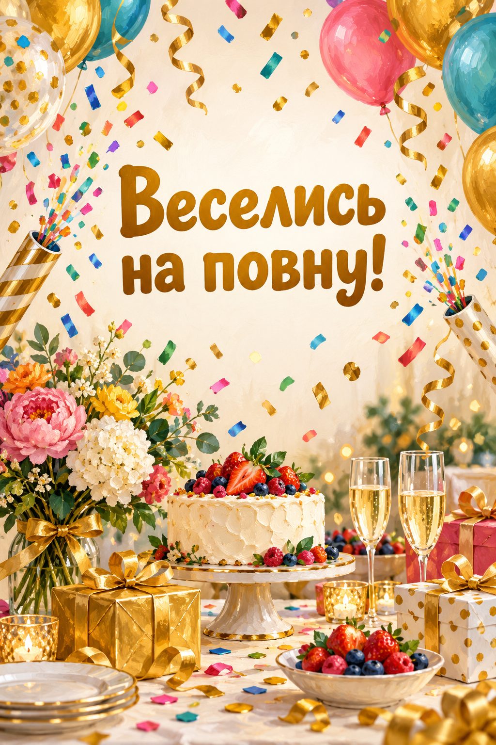 Прикольна листівка з днем народження: хлопавки вистрілюють конфеті над святковим столом, напис «Веселись на повну!»