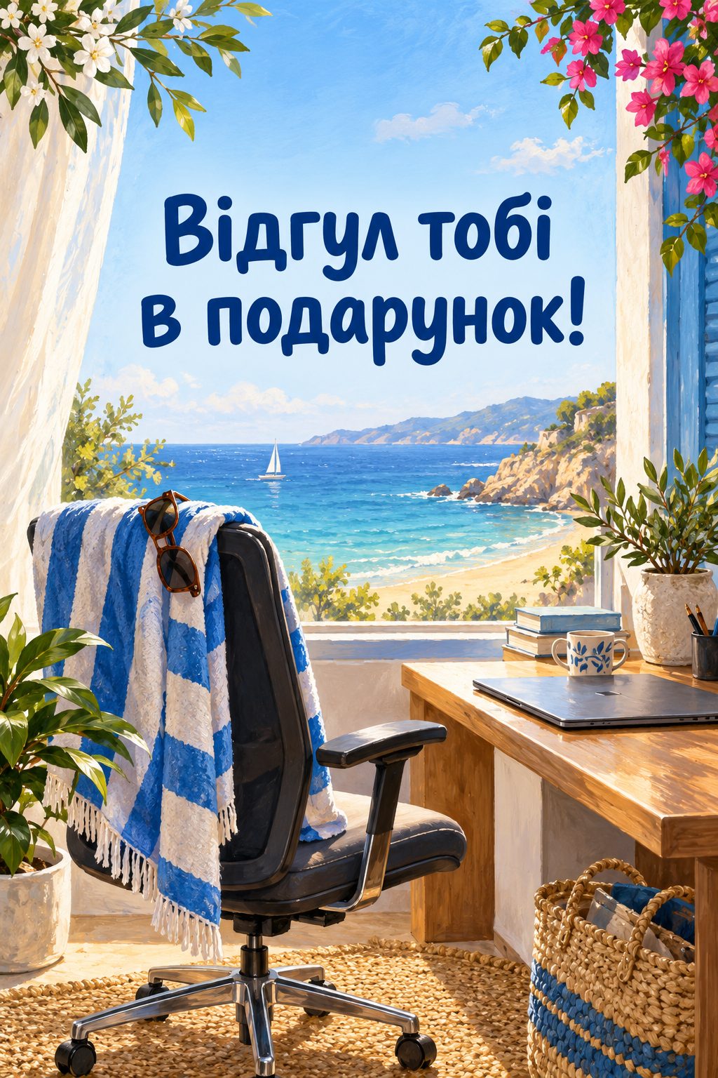 Прикольна листівка з днем народження: офісне крісло з пляжним рушником і окулярами, напис «Відгул тобі в подарунок!»