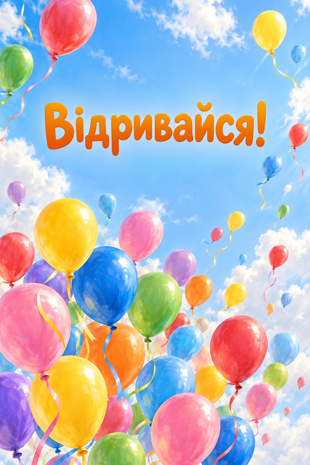 Прикольна листівка з днем народження: в'язка різнокольорових кульок летить у синє небо, напис «Відривайся!»