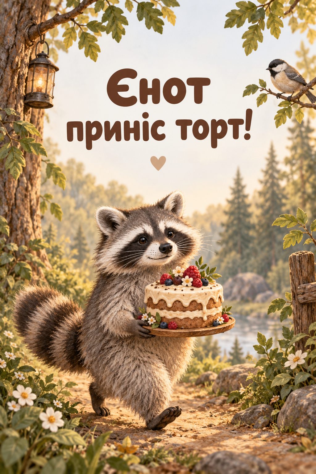 Прикольна листівка з днем народження: єнот несе маленький торт лісом, напис «Єнот приніс торт!»