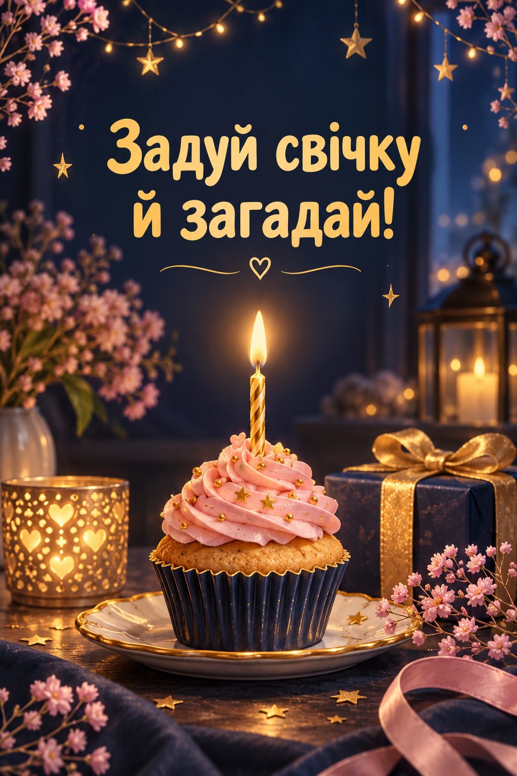 Прикольна листівка з днем народження: свічка на капкейку в затишній темній кімнаті, напис «Задуй свічку й загадай!»