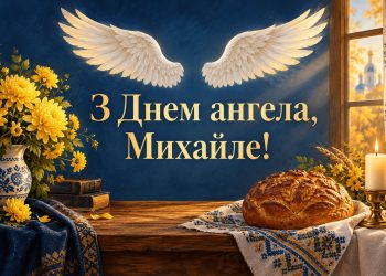 Листівка з Днем ангела Михайла: ангельські крила, свічка й коровай на вишитому рушнику