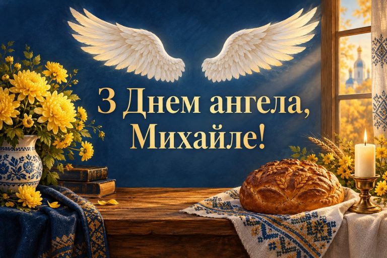 Листівка з Днем ангела Михайла: ангельські крила, свічка й коровай на вишитому рушнику