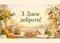 Листівка з Днем доброти: дві чашки чаю, домашнє печиво й годівничка із синичками за вікном