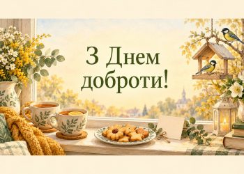 Листівка з Днем доброти: дві чашки чаю, домашнє печиво й годівничка із синичками за вікном