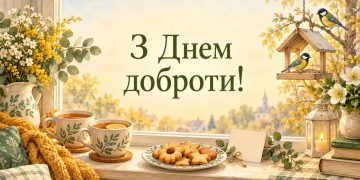 Листівка з Днем доброти: дві чашки чаю, домашнє печиво й годівничка із синичками за вікном