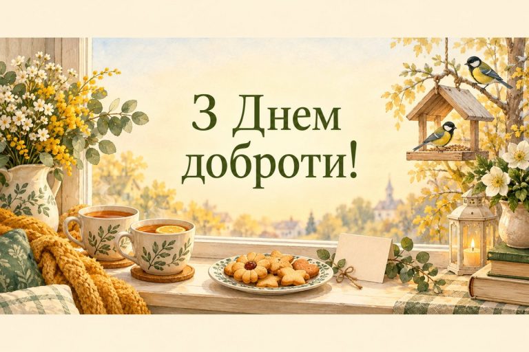 Листівка з Днем доброти: дві чашки чаю, домашнє печиво й годівничка із синичками за вікном