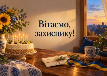 Привітання з днем народження військовому: торт зі свічками, лист і синьо-жовта стрічка