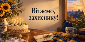 Привітання з днем народження військовому: торт зі свічками, лист і синьо-жовта стрічка