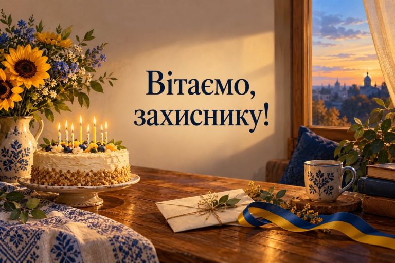 Привітання з днем народження військовому: торт зі свічками, лист і синьо-жовта стрічка