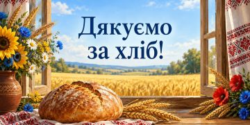 Листівка з Днем працівників сільського господарства: коровай на рушнику, колоски й пшеничне поле за вікном