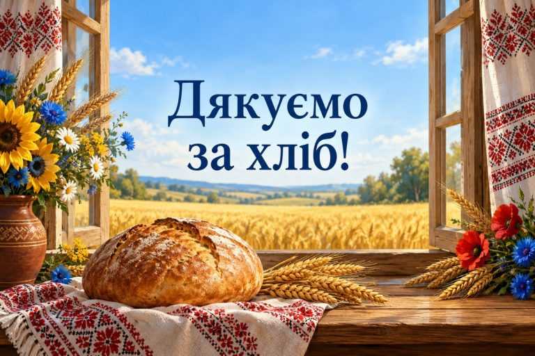 Листівка з Днем працівників сільського господарства: коровай на рушнику, колоски й пшеничне поле за вікном
