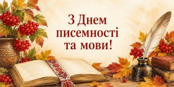 Листівка з Днем писемності та мови: книга з вишитою закладкою, перо й калина