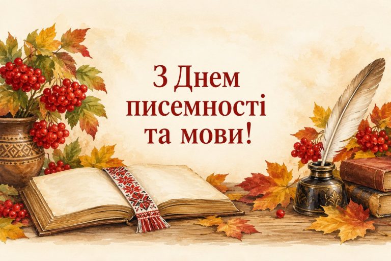 Листівка з Днем писемності та мови: книга з вишитою закладкою, перо й калина
