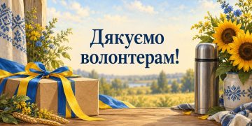 Листівка з Днем волонтера: посилка з жовто-блакитною стрічкою, термос і соняшники