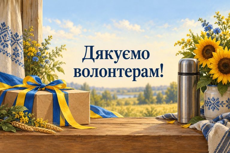 Листівка з Днем волонтера: посилка з жовто-блакитною стрічкою, термос і соняшники