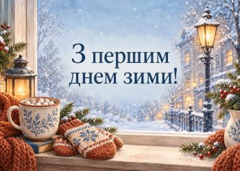 Листівка з першим днем зими: чашка какао й рукавички на підвіконні, за вікном перший сніг