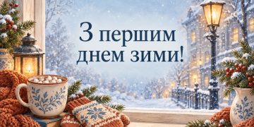 Листівка з першим днем зими: чашка какао й рукавички на підвіконні, за вікном перший сніг