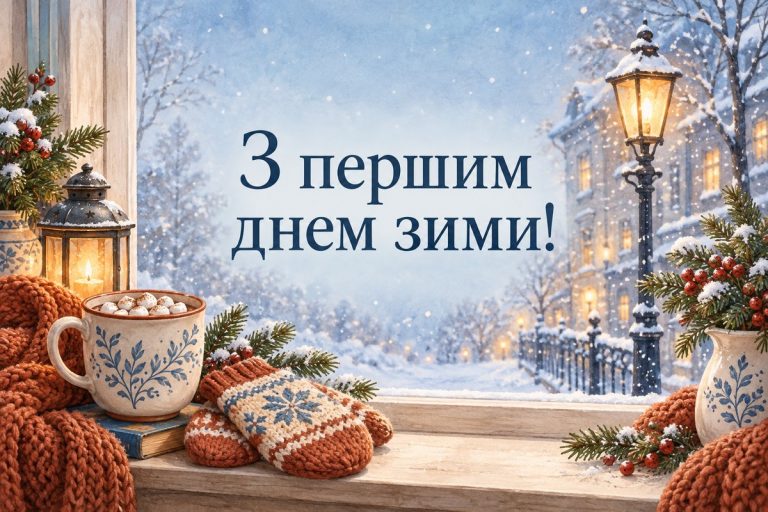 Листівка з першим днем зими: чашка какао й рукавички на підвіконні, за вікном перший сніг