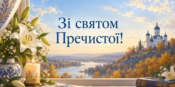 Листівка зі святом Введення: білий храм із синіми банями, лілії та свічка на підвіконні