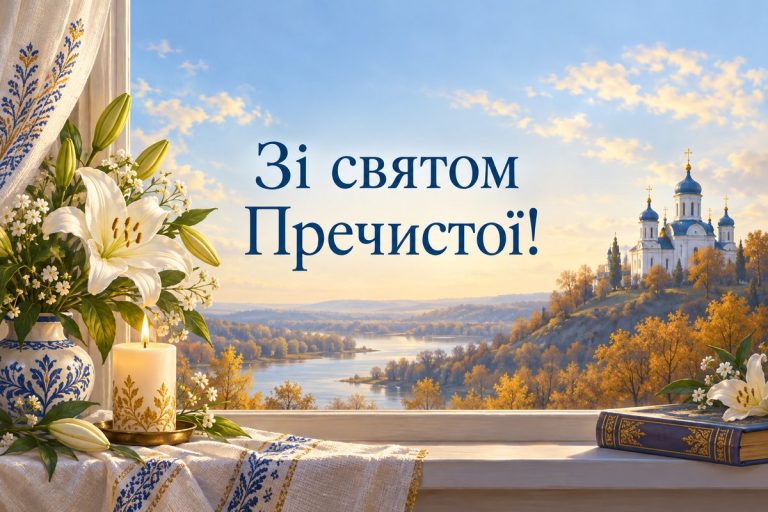 Листівка зі святом Введення: білий храм із синіми банями, лілії та свічка на підвіконні