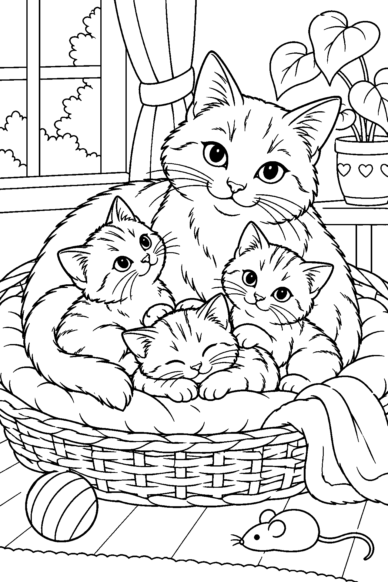 Розмальовка котик: кішка з кошенятами