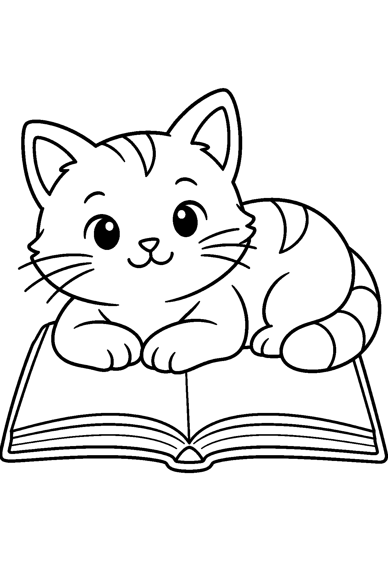 Розмальовка котик: кіт лежить на розгорнутій книжці