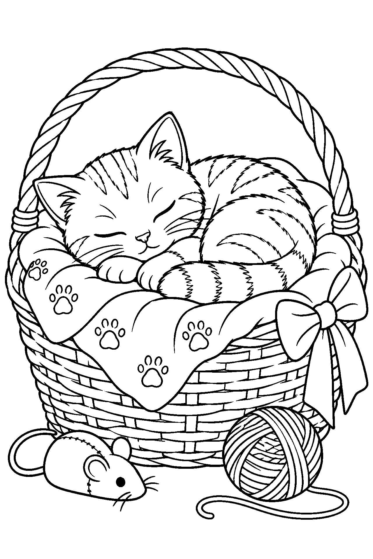 Розмальовка котик: кіт спить у кошику