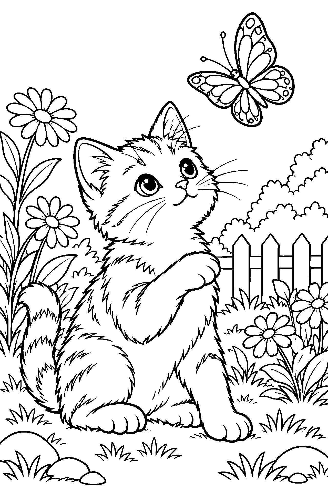 Розмальовка котик: кошеня дивиться на метелика