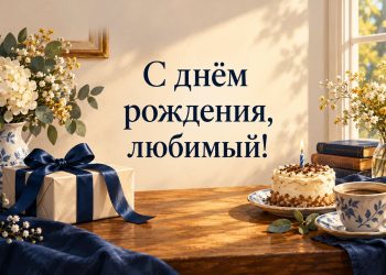 Открытка парню с днём рождения: подарок с синей лентой, чашка кофе и торт со свечой у окна