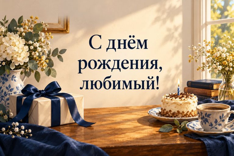 Открытка парню с днём рождения: подарок с синей лентой, чашка кофе и торт со свечой у окна