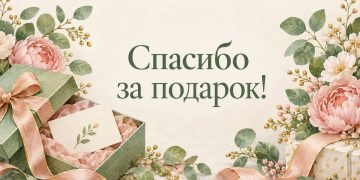 Спасибо за подарок: открытая коробка с лентой и открытка