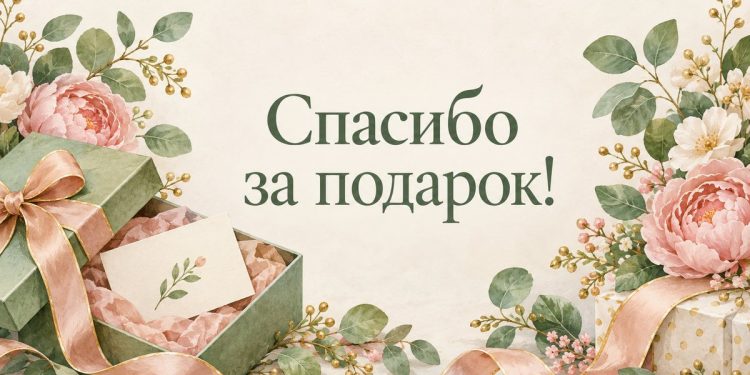 Спасибо за подарок: открытая коробка с лентой и открытка