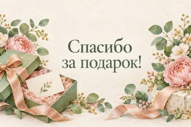 Спасибо за подарок: открытая коробка с лентой и открытка