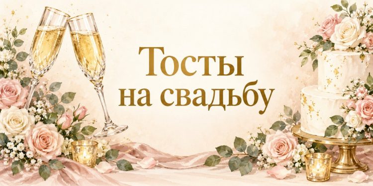 Тосты на свадьбу: бокалы над свадебным тортом с розами