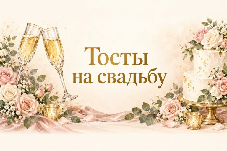 Тосты на свадьбу: бокалы над свадебным тортом с розами