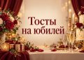 Тосты на юбилей: праздничный стол с бокалами, тортом и розами