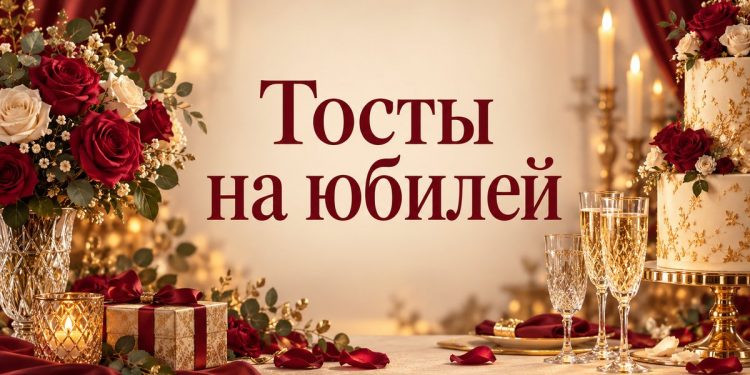 Тосты на юбилей: праздничный стол с бокалами, тортом и розами