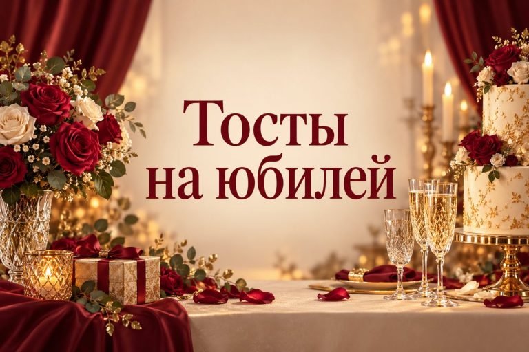 Тосты на юбилей: праздничный стол с бокалами, тортом и розами